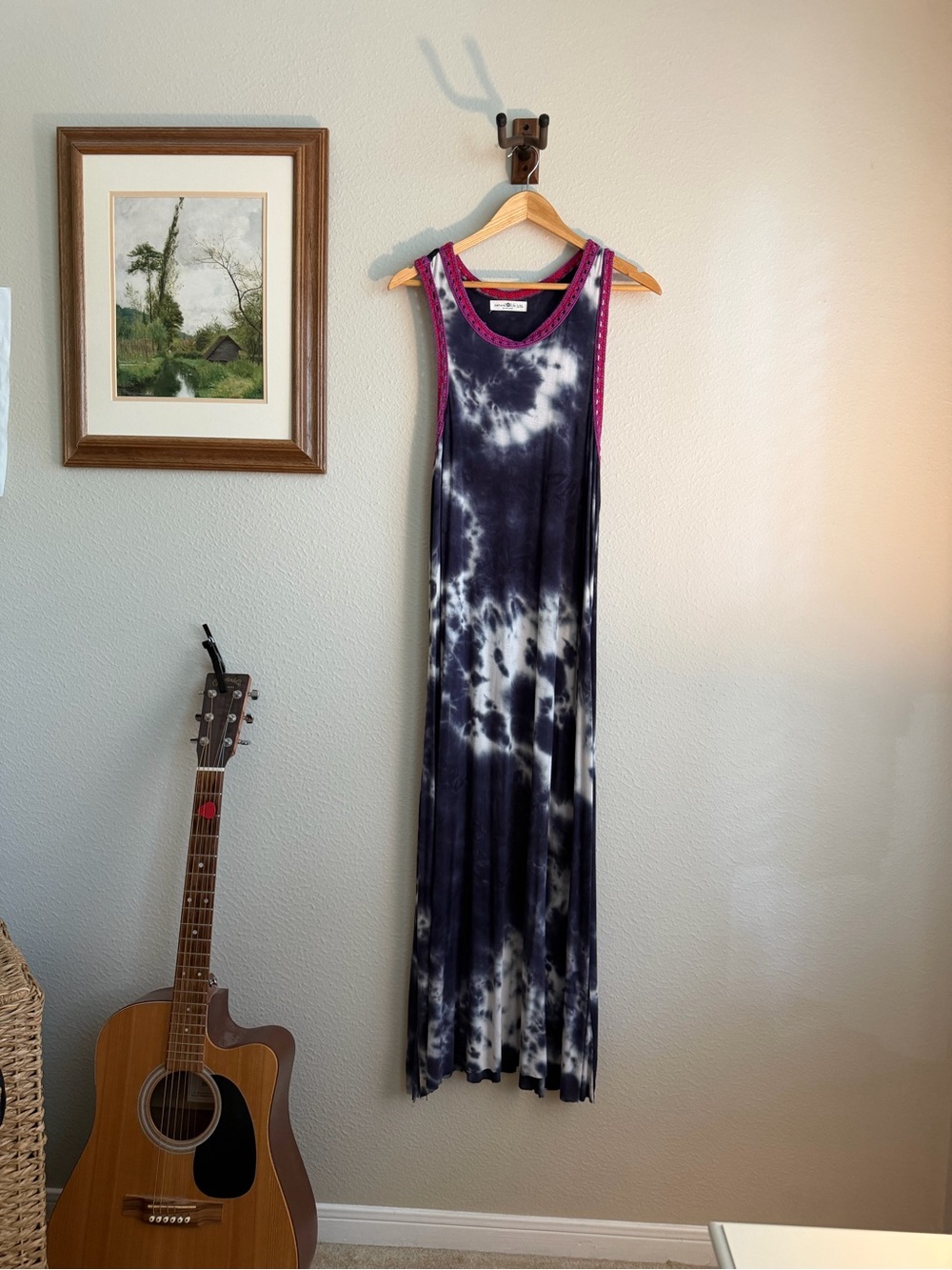 NATURAL LIFE Navy and White Tie-Dye Maxi Dress with Crotchet Trim